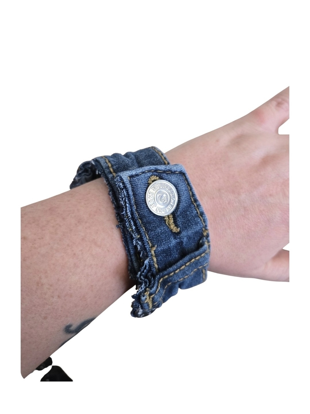 4/$15 Denim Button Cuff Bracelet - Blue Boho Women's Jewelry - Picture 3 of 5